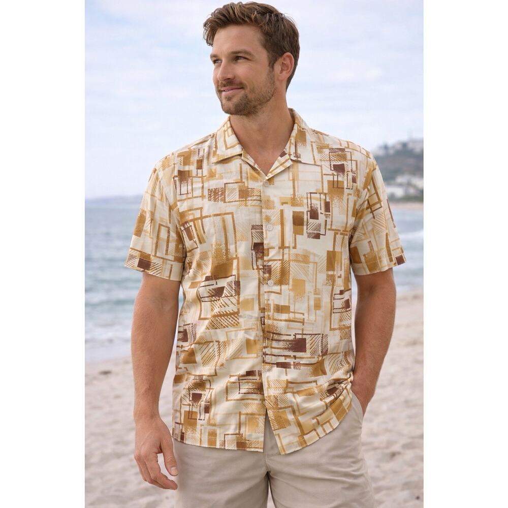 NWG Retro Geometric Button Up Shirt Men’s XL Tan Brown Abstract Casual